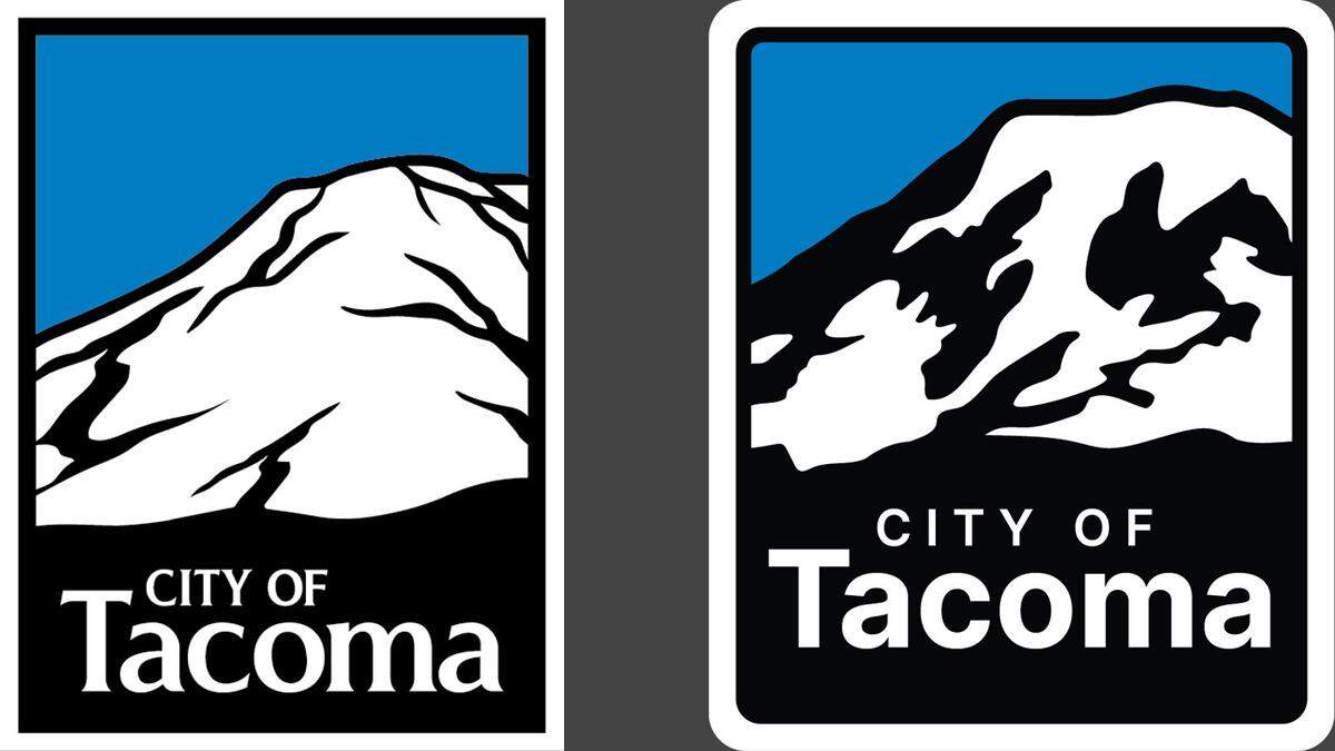 A side-by-side view of the City of Tacoma’s old logo (left), which dates back to 2020, and the city’s new logo (right), which was publicly unveiled on Facebook this week.
