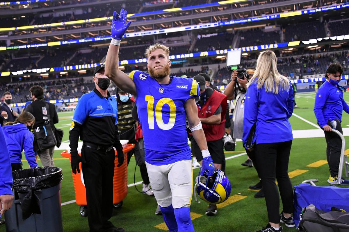 Los Angeles Rams wide receiver Cooper Kupp walks off the field after a win over the Seattle Seahawks during an NFL football game Tuesday, Dec. 21, 2021, in Inglewood, Calif. (AP Photo/Kevork Djansezian)