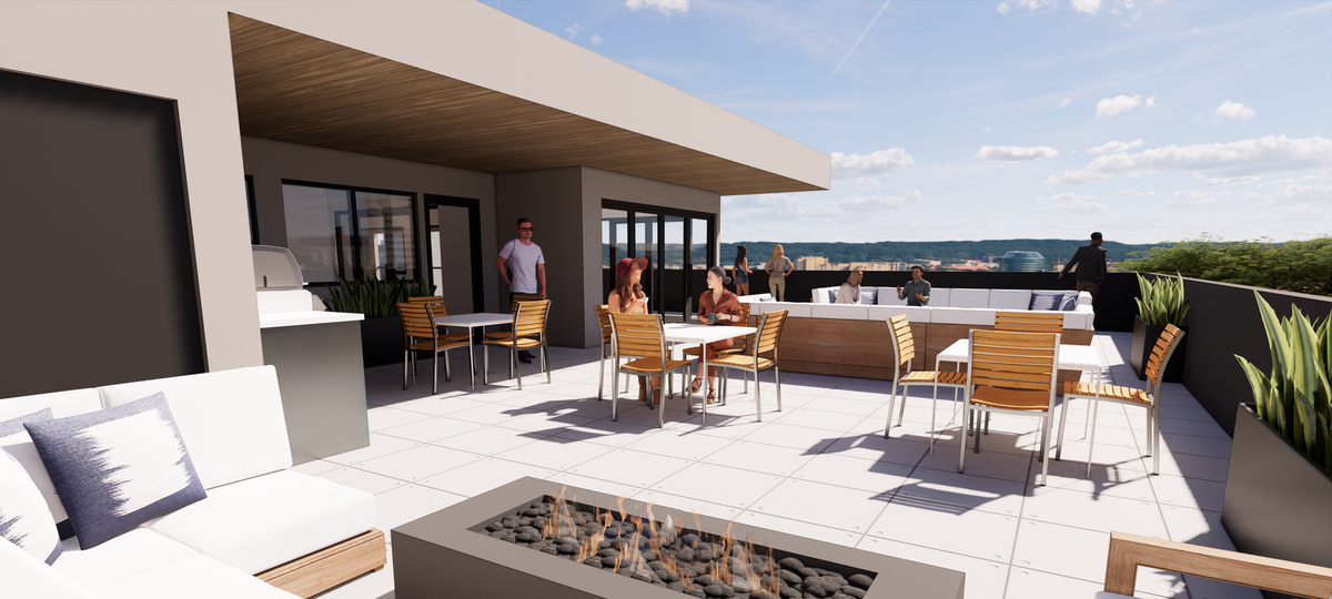A view of the deck envisioned for the proposed apartments at 725 Broadway in Tacoma.