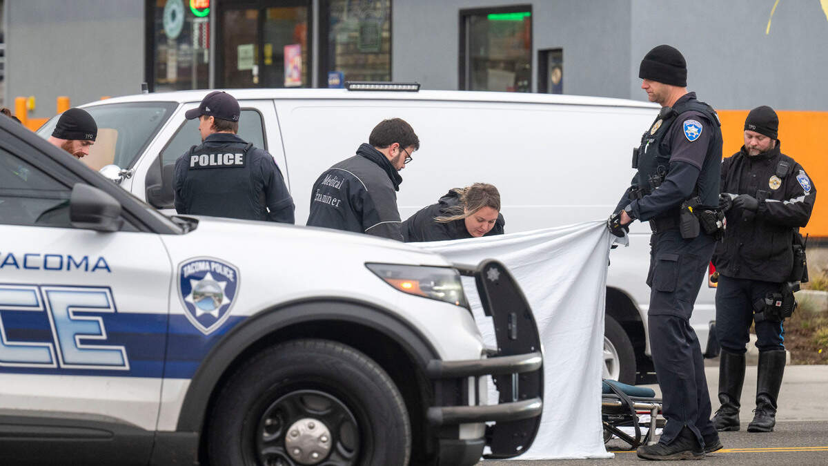 Officers from the Tacoma Police Department hold up a curtain as medical examiners investigate the scene of a pedestrian that was killed in a hit-and-run in the 8800 block of Pacific Avenue on Friday, Nov. 25, 2022, in Tacoma, Wash. The accident was reported at 6:02 a.m. Friday morning and all lanes of Pacific Avenue were closed from from 90th Street to 90th Street as the crash investigation team analyzed the scene.
