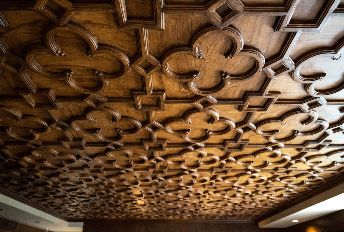 The ceiling in the library of the Wiborg Estate is made of plaster and was hand painted to resemble wood in the home on North 46th Street in Tacoma on Sept. 14, 2022. The Wiborg Estate and farm is for sale for $5 million.