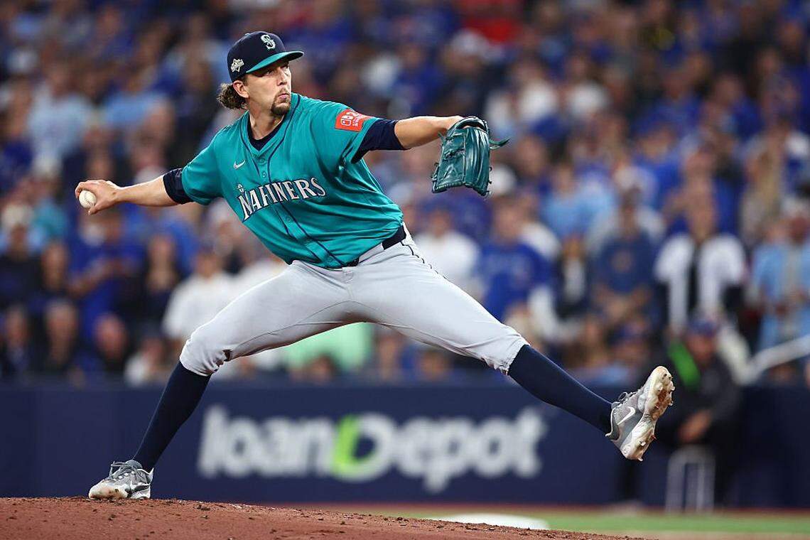 TORONTO, ONTARIO - OCTOBER 19: Logan Gilbert #36 of the Seattle Mariners pitches against the Toronto Blue Jays during the first inning in game six of the American League Championship Series at Rogers Centre on October 19, 2025 in Toronto, Ontario. (Photo by Vaughn Ridley/Getty Images)