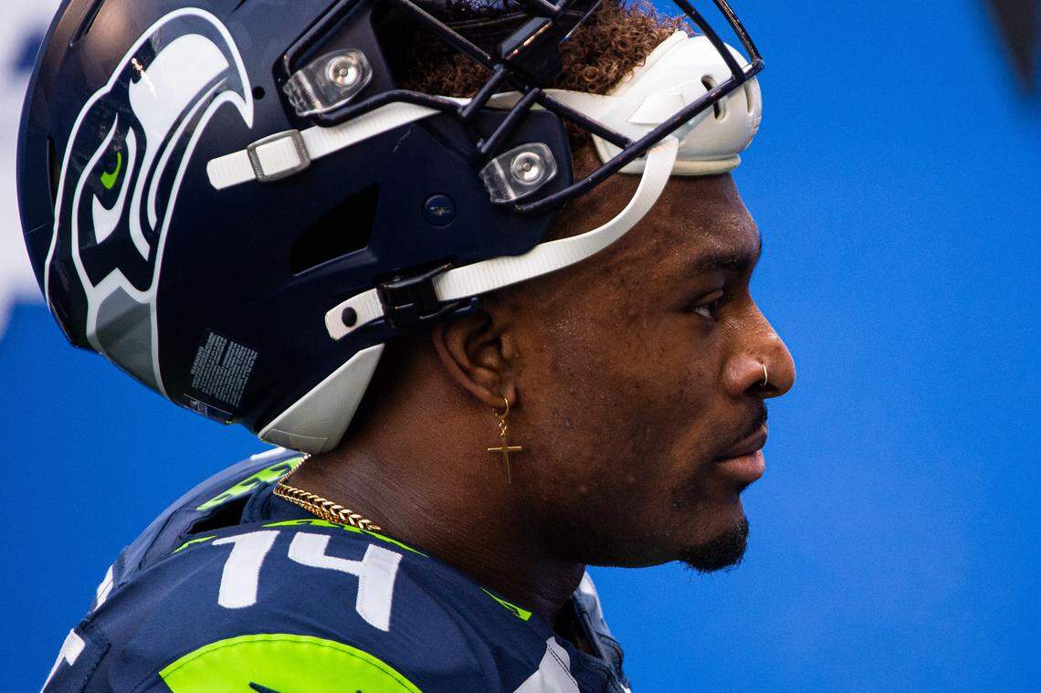 Seattle Seahawks wide receiver DK Metcalf walks into the tunnel before the game. The Seattle Seahawks played the Los Angeles Rams in a NFL wildcard playoff game at Lumen Field in Seattle, Wash., on Saturday, Jan. 9, 2021.