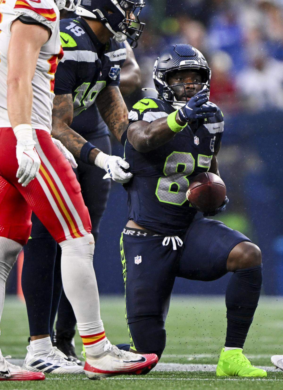 Seattle Seahawks wide receiver Dareke Young (83) reacts after a 14 yard catch and the first down up during the second quarter of the preseason game against the Kansas City Chiefs at Lumen Field, on Friday, Aug. 15, 2025, in Seattle.