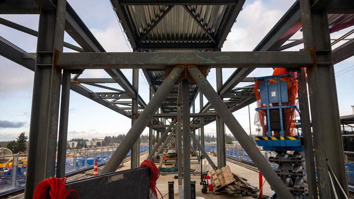 Contractors for Sound Transit work on the new Kent/Des Moines station on the Federal Way Link extension project on Wednesday, Dec. 28, 2022 in Des Moines, Washington. It’s one of three new stations on the 7.8-mile route.