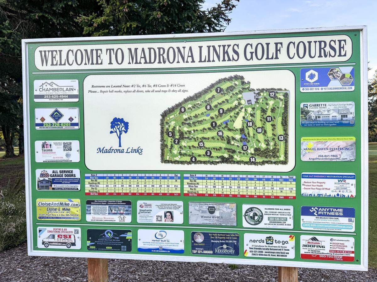 A sign shows the locations of 18 holes at Madrona Links Golf Course at 3604 22nd Ave. NW, Wednesday, Feb. 12, 2025, near Gig Harbor, Wash.