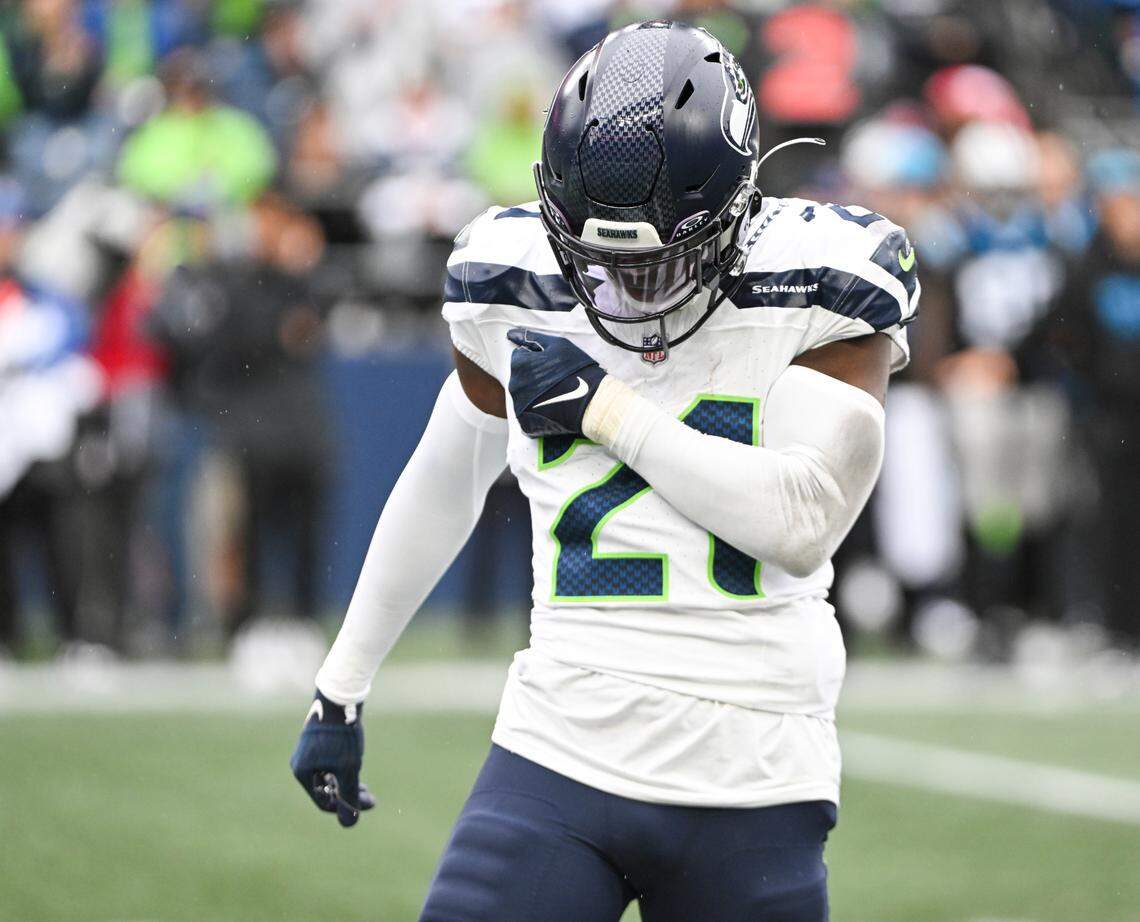 Seattle Seahawks cornerback Devon Witherspoon (21) reacts to a play during the third quarter of the game against the Carolina Panthers at Lumen Field, Sunday, Sept. 24, 2023, Seattle, Wash.