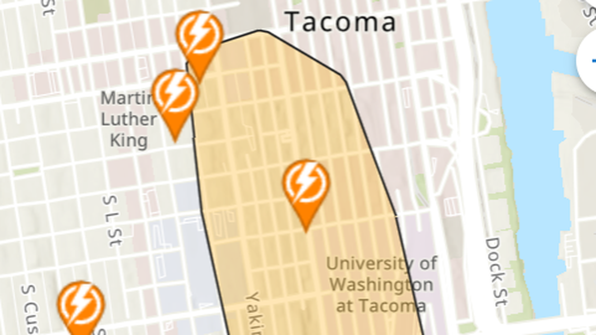 This map shows the approximate area of Friday afternoon’s power outage in downtown Tacoma.