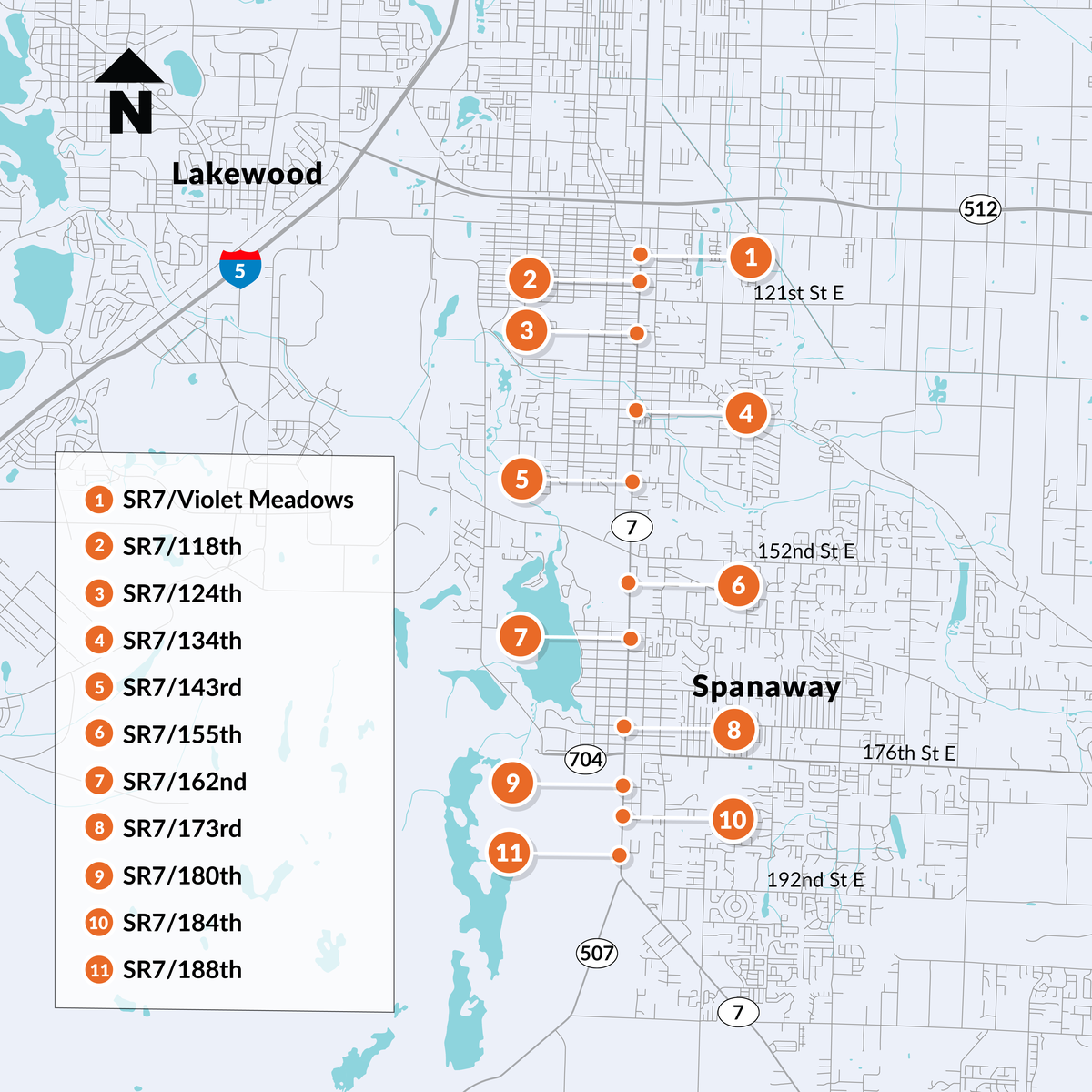 A map shows 11 intersections in Parkland and Spanaway that will get new pedestrian signals and other road work in fall 2025 as part of the State Route 7/Pacific Highway Crossing and Signalization project.