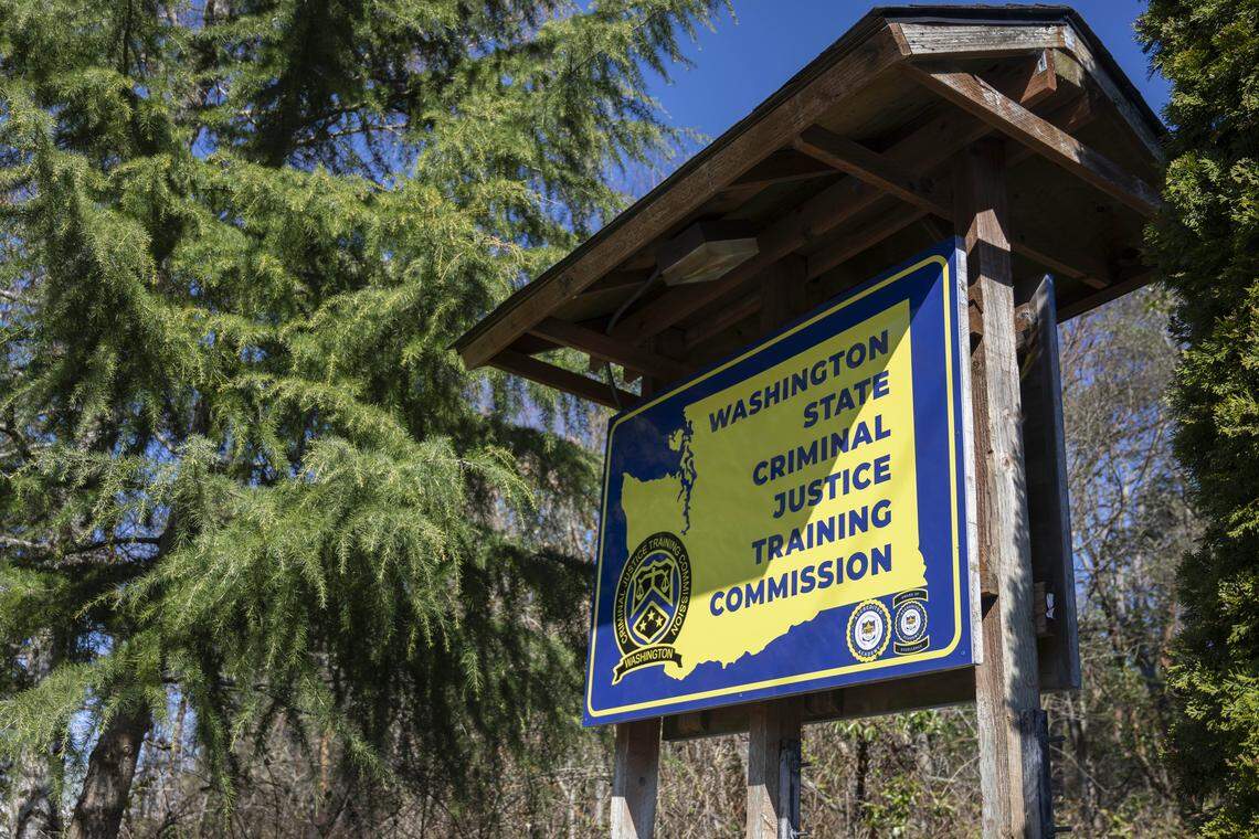 A sign marks the entrance to the Washington State Criminal Justice Training Commission on Monday, March 30, 2026, at in Burien, Wash.