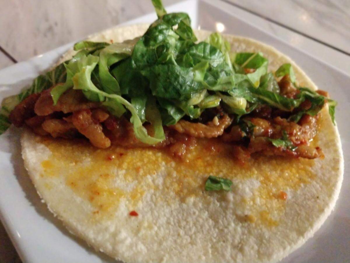 Spicy pork taco from Takos Koreanos.