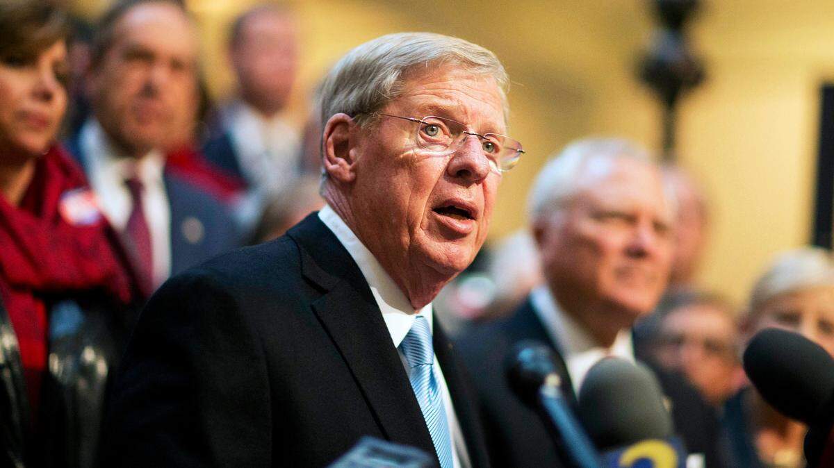 FILE - In this Nov. 17, 2014 file photo, Sen. Johnny Isakson, R-Ga., speaks at the state Capitol in Atlanta. Recent public polls show Isakson has a lead on Democrats’ first-time candidate Jim Barksdale. (AP Photo/David Goldman, File)