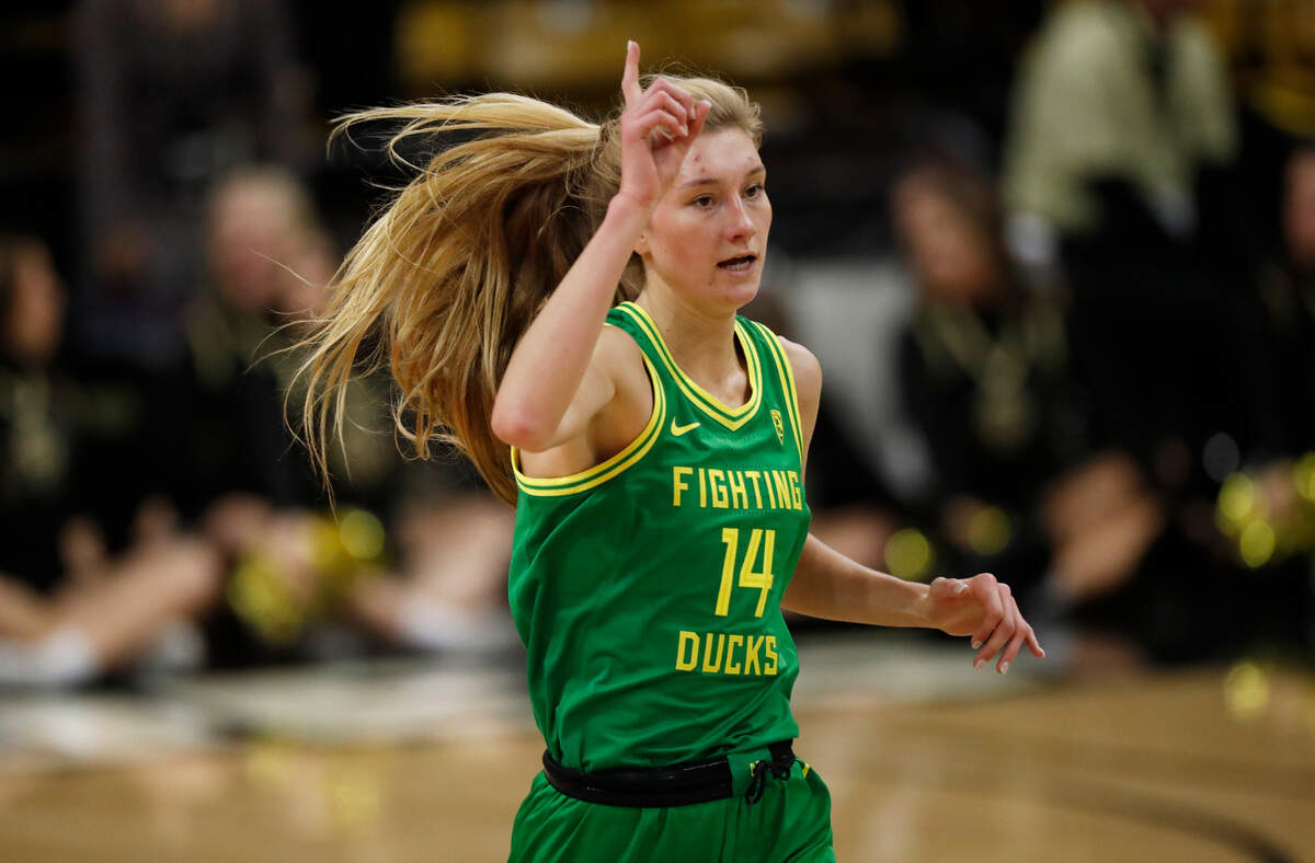 Oregon forward Lydia Giomi gestures after hitting a basket against Colorado in the second half of an NCAA college basketball game Saturday, Feb. 1, 2020, in Boulder, Colo. Oregon won 101-53. (AP Photo/David Zalubowski)