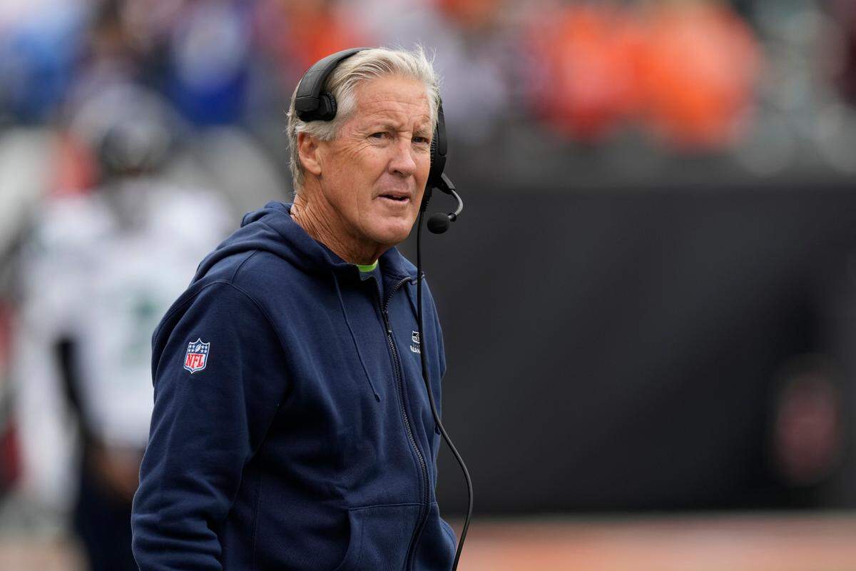 Seattle Seahawks head coach Pete Carroll looks on before before an NFL football game against the Cincinnati Bengals, Sunday, Oct. 15, 2023, in Cincinnati. (AP Photo/Carolyn Kaster)