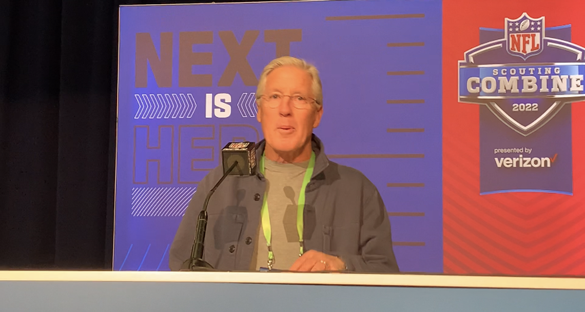 Coach Pete Carroll at the NFL combine in Indianapolis Wednesday, March 2, said his Seahawks “are not shopping” quarterback Russell Wilson amid incessant trade rumors. Carroll also said he feels “a resurgence” in his team that went 7-10 last season and has since revamped its defensive coaches and schemes.