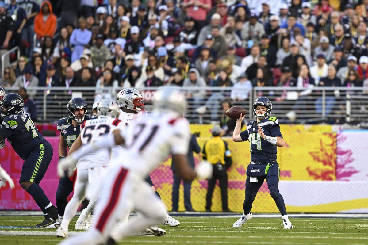 Seattle Seahawks quarterback Sam Darnold (14) looks to throw a deep pass during the second quarter of Super Bowl LX at Levi's Stadium on Feb. 8, 2026 in Santa Clara, Calif.