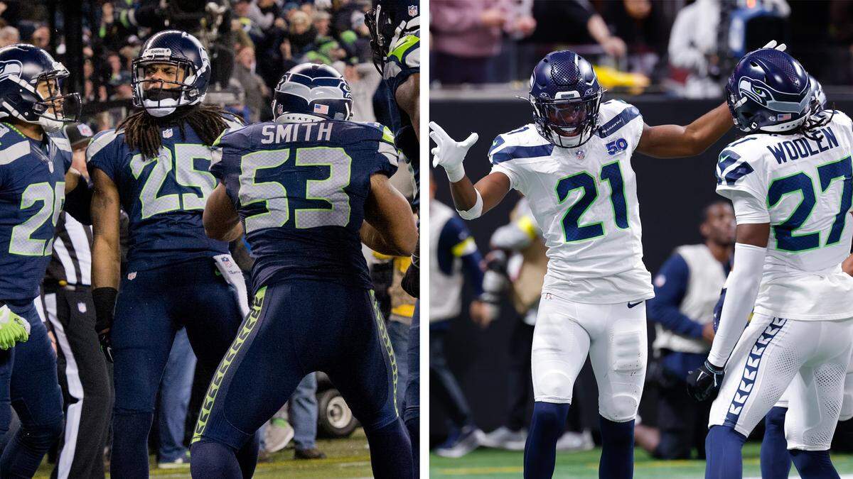 The “Legion of Boom” and the “Death Zone Defense”: LEFT: Seahawk's Earl Thomas, Richard Sherman, and Malcolm Smith celebrate an interception of a Colin Kaepernick pass in the end zone in the 4th quarter at CenturyLink Field on Sunday, Jan. 19, 2014.  RIGHT: Devon Witherspoon (21) of the Seattle Seahawks reacts after an interception during the fourth quarter against the Atlanta Falcons at Mercedes-Benz Stadium on Dec. 7, 2025 in Atlanta.