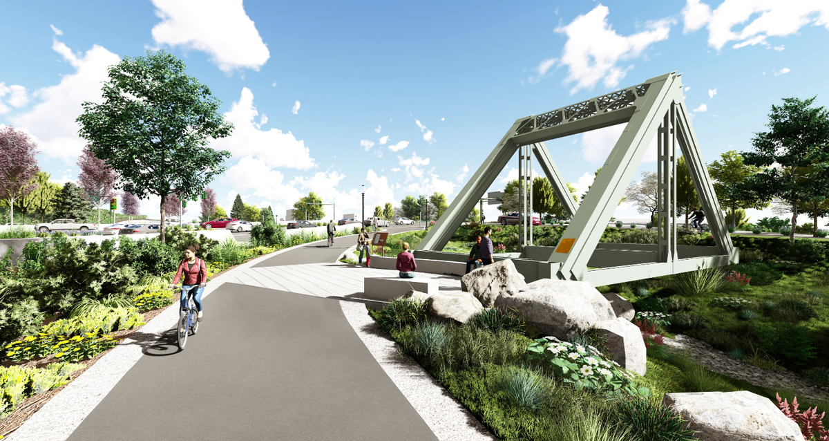 This rendering shows a portion of the decommissioned Puyallup River steel truss bridge that will be repurposed for use as a heritage marker near the new the spuyaləpabš Trail.