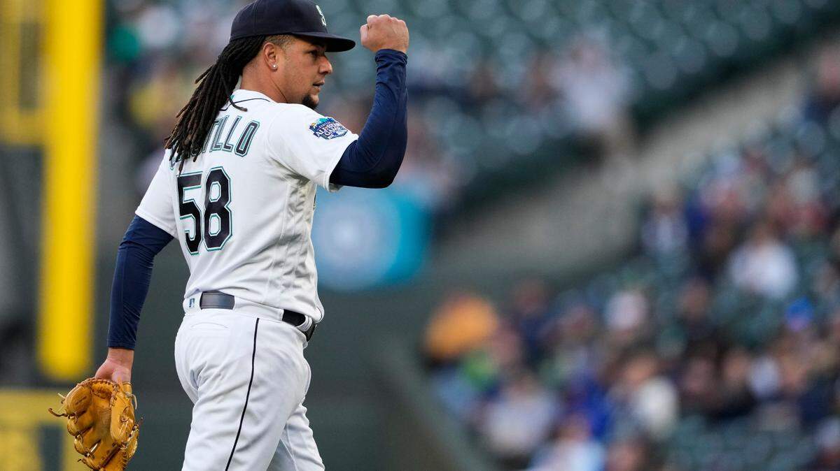 Seattle Mariners starting pitcher Luis Castillo reacts after the first inning against the Los Angeles Angels in a baseball game Tuesday, April 4, 2023, in Seattle. (AP Photo/Lindsey Wasson)