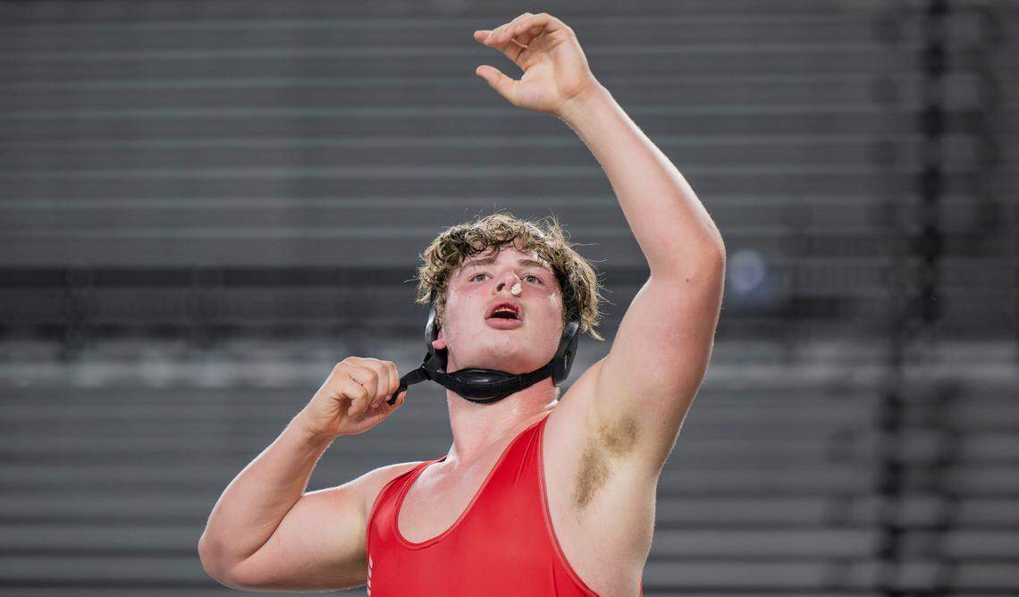 Yelm’s Jonah Smith reacts after winning the 285-pound 3A championship during day two of the Mat Classic XXXV at the Tacoma Dome on Saturday, Feb. 17, 2024, in Tacoma, Washington.
