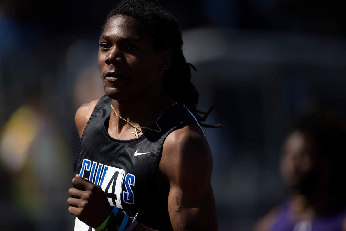 Curtis’s Nicholas Altheimer runs a 10.52 in the 4A 100m prelim of the WIAA State Track and Field Championships at Mount Tahoma High School, on Thursday, May 29, 2025, in Tacoma, Wash.