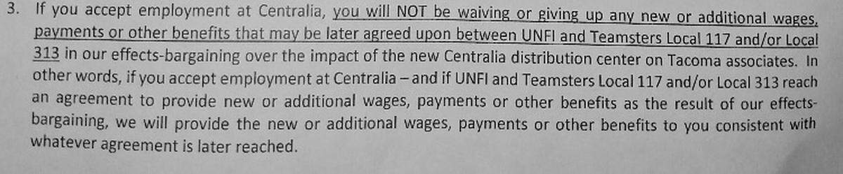 A portion of a letter offering work to former Tacoma UNFI workers dated Dec. 16.