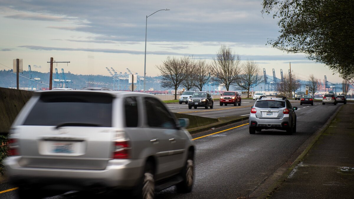 Cars drive along Schuster Parkway in Tacoma on Dec. 8, 2018. Expect lane closures northbound there this week.