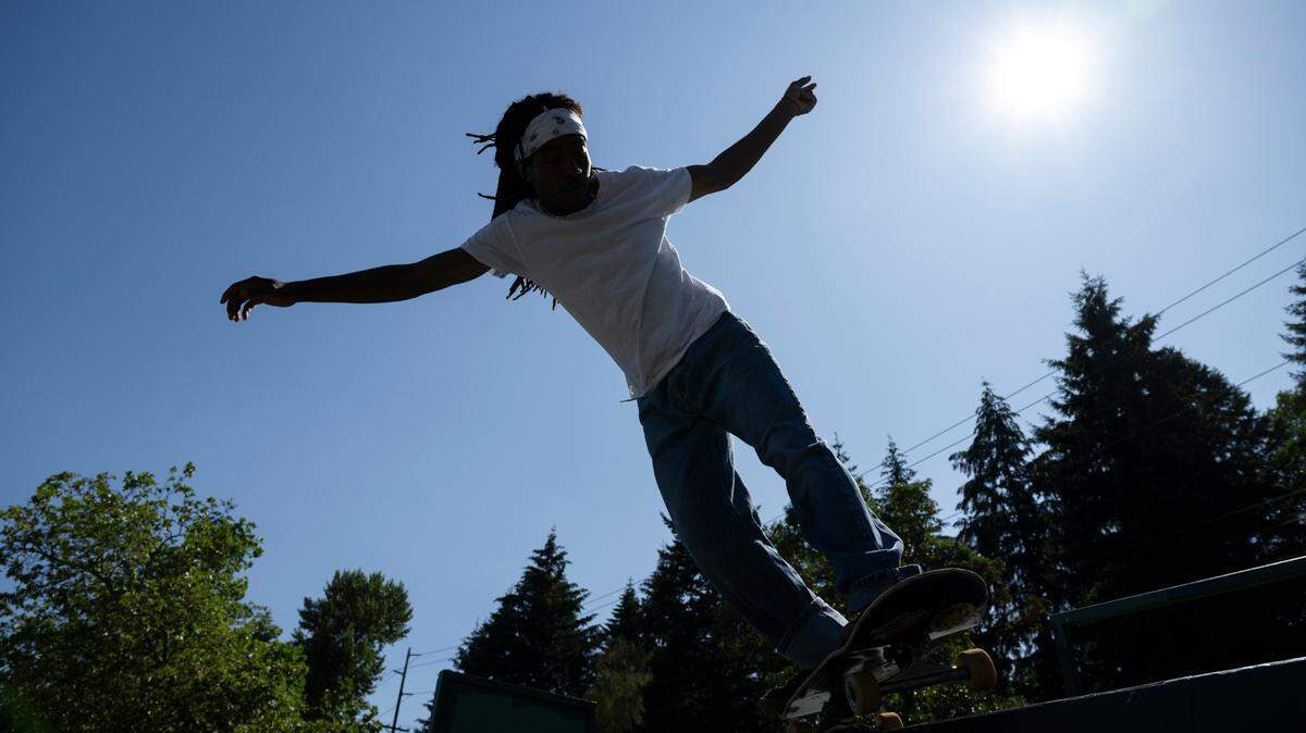 Josh Westbrooks skates the quarter pipe at Heidelberg-Davis Skatepark, on Wednesday, July 10, 2024, in Tacoma.