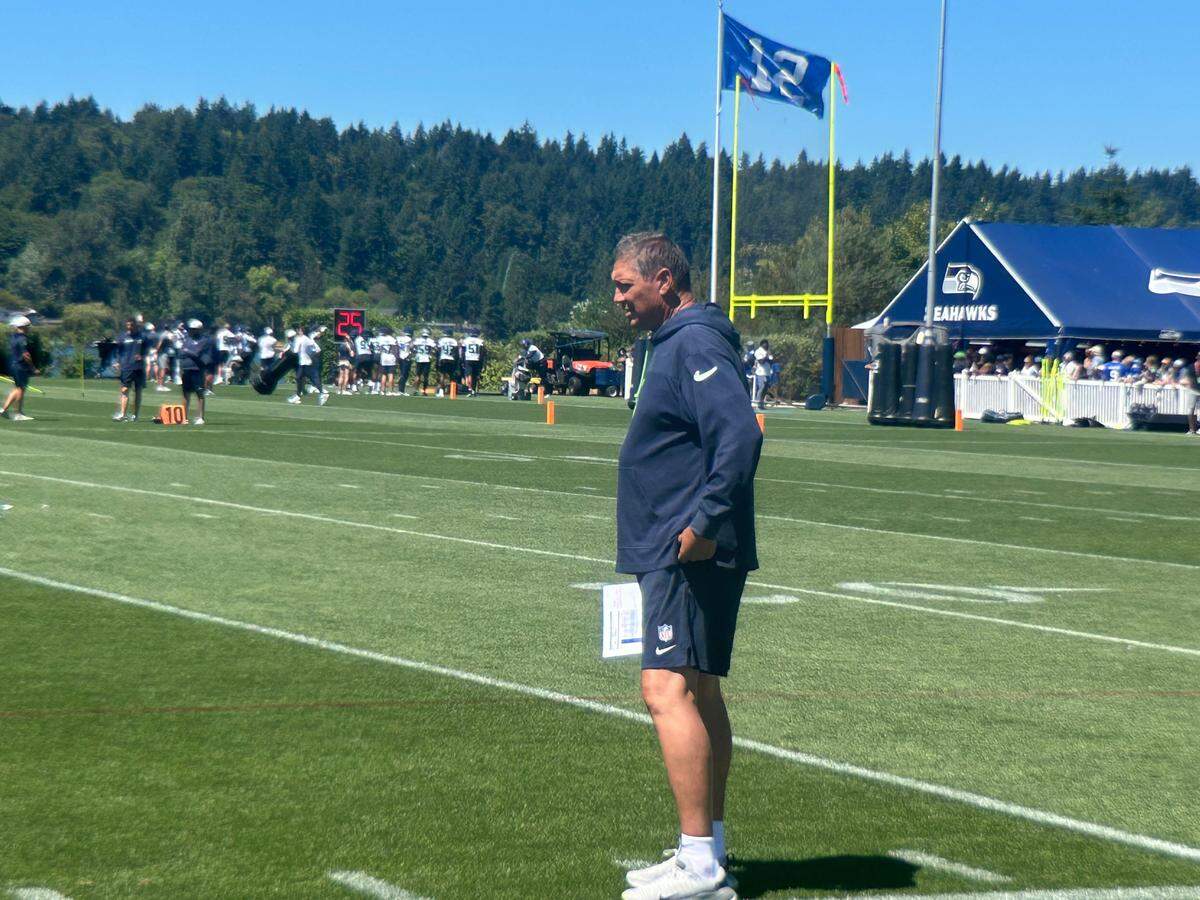 Rick Dennison, a 30-year NFL offensive line coach and coordinator who won Super Bowls coaching the 1990s Denver Broncos, during his second training-camp practice as the Seahawks’ run-game coordinator and senior offensive advisor. The practice was Thursday, July 24, 2025, at the Virginia Mason Athletic Center in Renton.