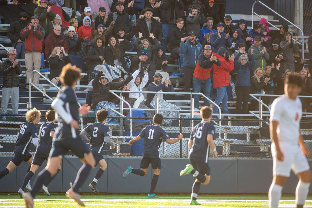 Bellarmine Prep’s Jaggar Judkins celebrates after his goal in the opening minutes of the second half of a 4A State tournament first-round game against Eastmont on Wednesday, May 18, 2022, at Bellarmine Prep High School in Tacoma, Wash.