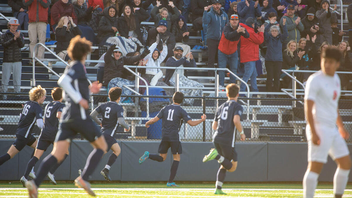 Bellarmine Prep’s Jaggar Judkins celebrates after his goal in the opening minutes of the second half of a 4A State tournament first-round game against Eastmont on Wednesday, May 18, 2022, at Bellarmine Prep High School in Tacoma, Wash.