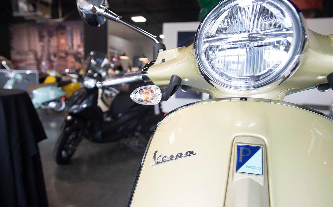 Vespa is the scooter brand produced by Italian manufacturer Piaggio, shown at the new South Sound Scooters dealership in downtown Tacoma in 2022.