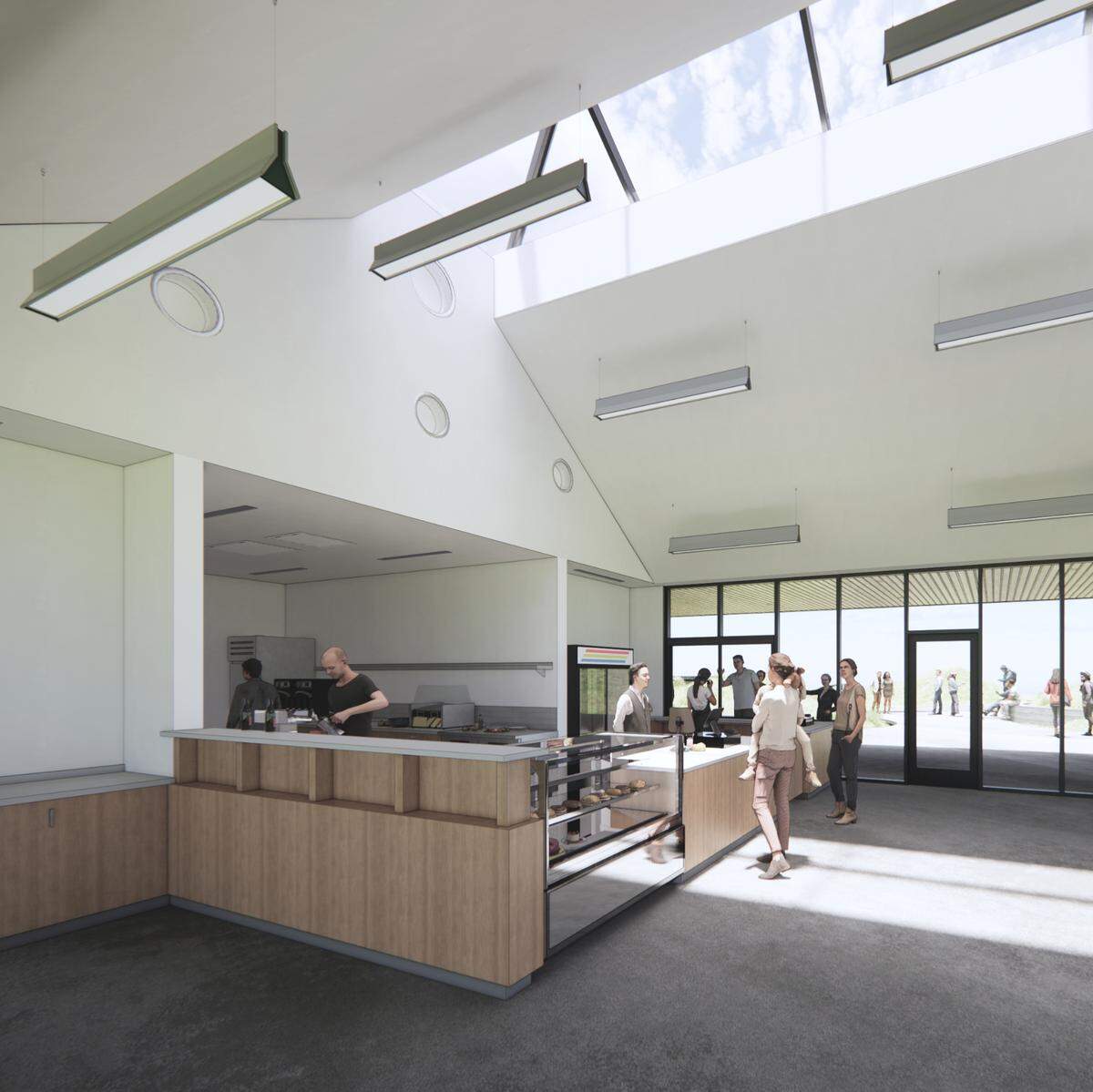 A rendering from SHKS Architects of The Turnstand at Chambers Bay shows the large skylight, ordering counter and breezy interior dining space.