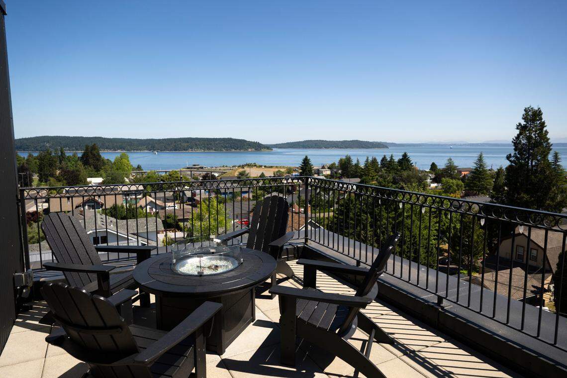 The nearly panoramic view from Wren’s Nest Baking Co. offers views of Mt. Rainier, the Puget Sound and Olympic mountains, on Monday, June 9, 2025, in Ruston, Wash.