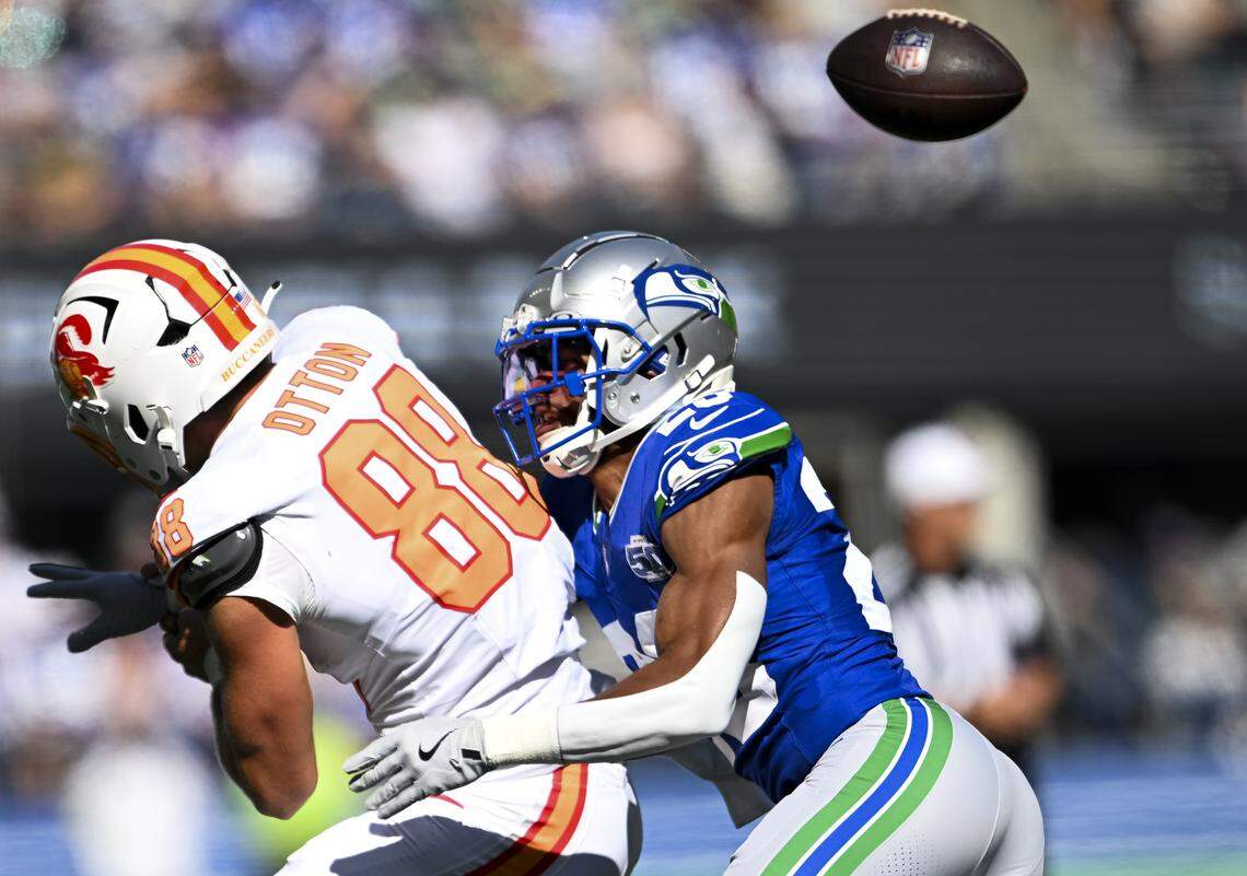Seattle Seahawks cornerback Josh Jobe (29) breaks up a pass intended for Tampa Bay Buccaneers tight end Cade Otton (88) during the first quarter of the game at Lumen Field, on Sunday, Oct. 5, 2025, in Seattle.