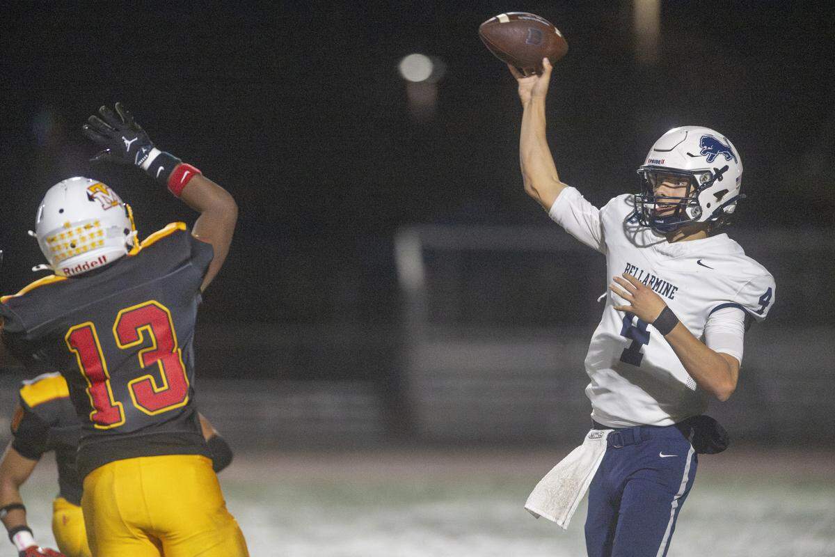 Bellarmine quarterback Birk Johnston (4) throws the ball as they play Mount Tahoma on Friday, Oct. 10, 2025, at Mount Tahoma in Tacoma, Wash.