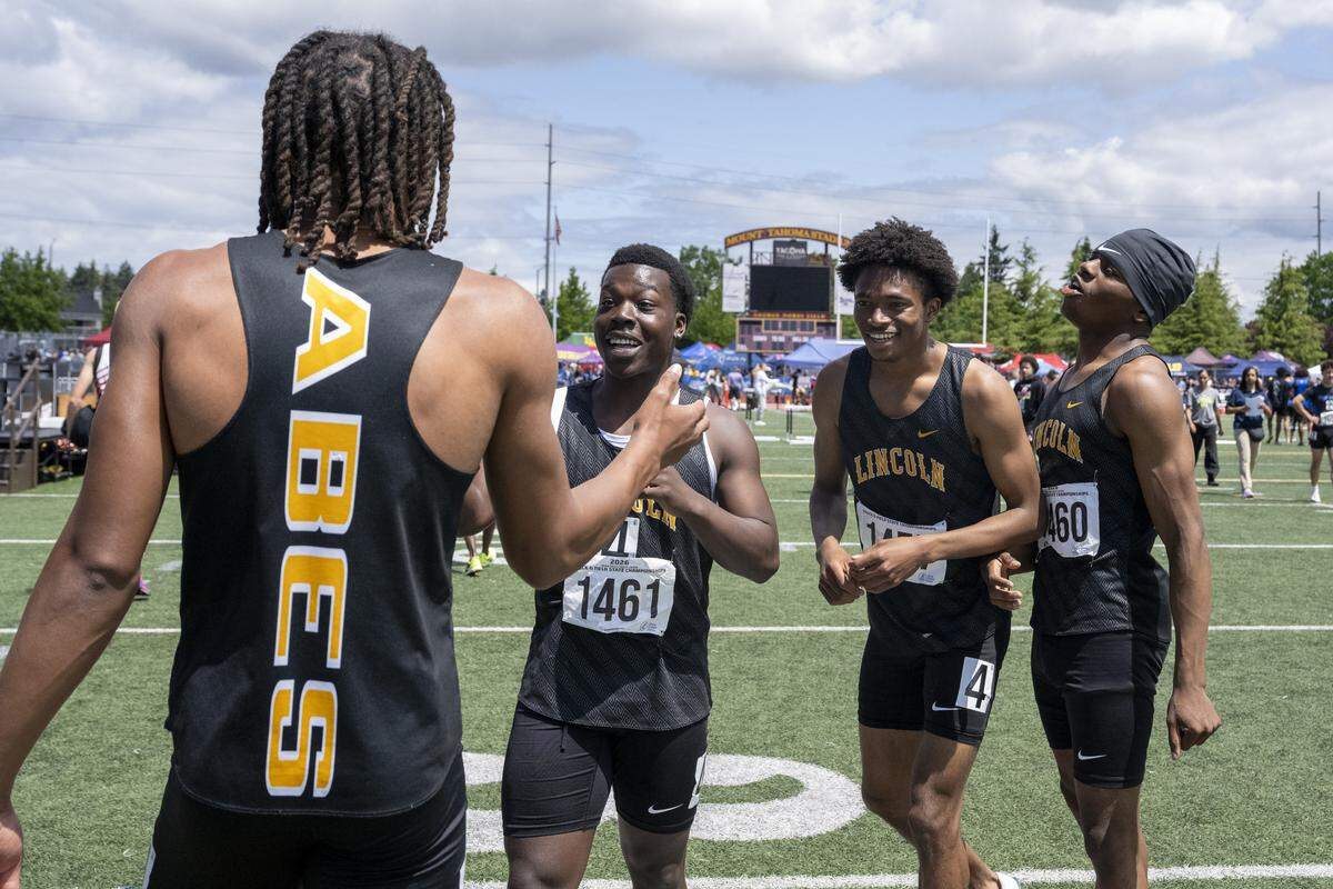 Lincoln’s 3A Boys 4x100M Relay team celebrates their first place win on Saturday, May 30, 2026, at the 2026 State Track & Field Championships in Tacoma, Wash.