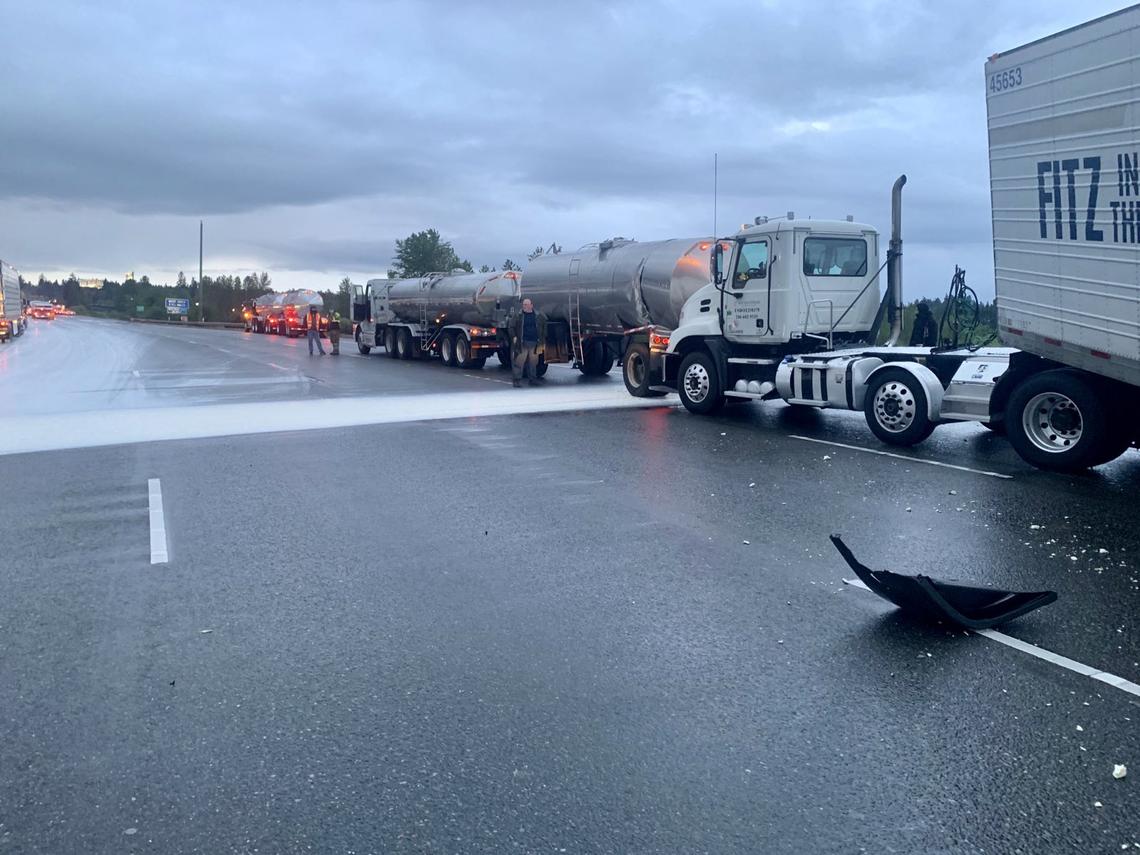 Milk or heavy cream spilled in a crash of three tractor-trailers on Friday. The clean-up took more than seven hours, and drivers were stuck in bumper-to-bumper traffic.