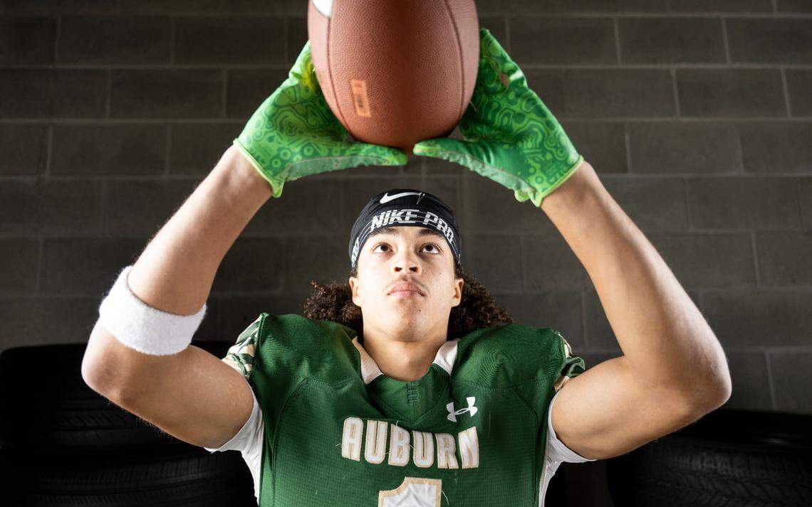 The News Tribune 2024 All-Area first-team receiver selection Lucas Whitehall-Gilkes, Auburn, poses for a portrait at Mount Tahoma High School, on Sunday, Dec. 8, 2024, in Tacoma.