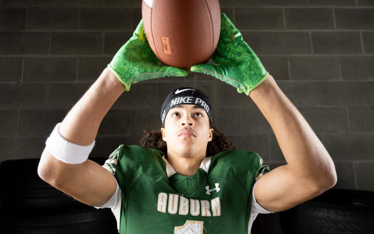 The News Tribune 2024 All-Area first-team receiver selection Lucas Whitehall-Gilkes, Auburn, poses for a portrait at Mount Tahoma High School, on Sunday, Dec. 8, 2024, in Tacoma, Wash.