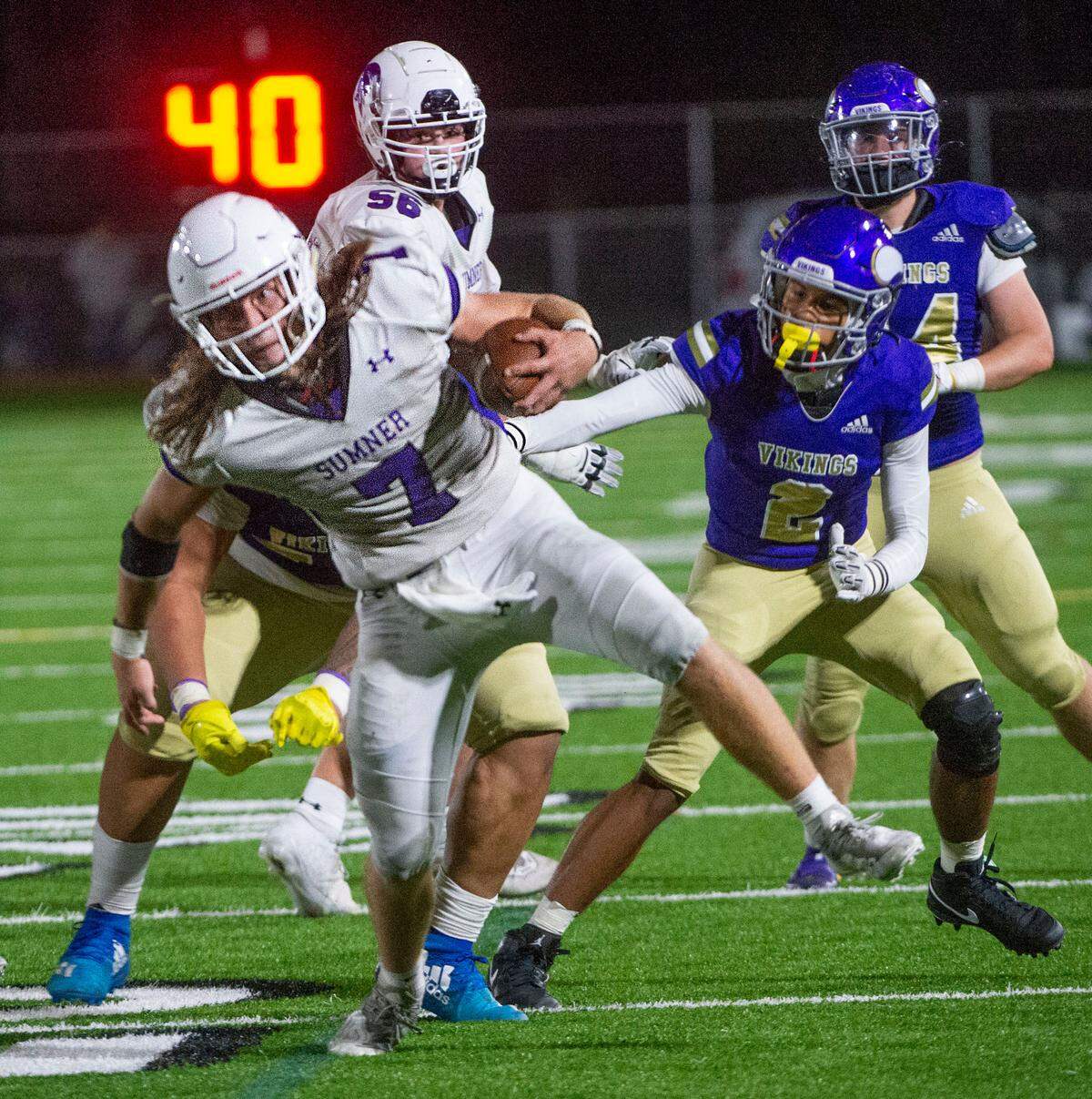 Sumner running back Peyton Wing, who rushed for 83 yards on 17 carries, busts free to run for the winning touchdown late in the fourth quarter. The Spartans captured a 26-21 victory over the Vikings in a rivalry game at Sparks Stadium on Friday, Sept. 17, 2021.