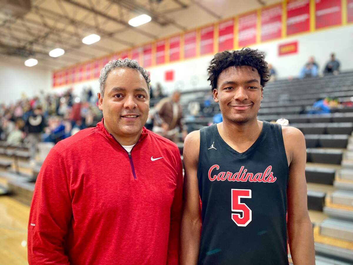 Franklin Pierce High School coach John Barbee and son, Javon, a senior guard for the Cardinals, photographed at Steilacoom High School on Friday, Jan. 10, 2024.