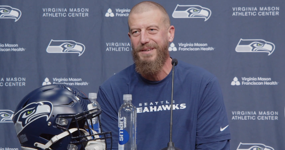 New Seahawks offensive coordinator Brian Fleuery speaks to the media at his introductory press conference Thursday, Feb. 19, 2026, at the team’s Virginia Mason Athletic Center in Renton.