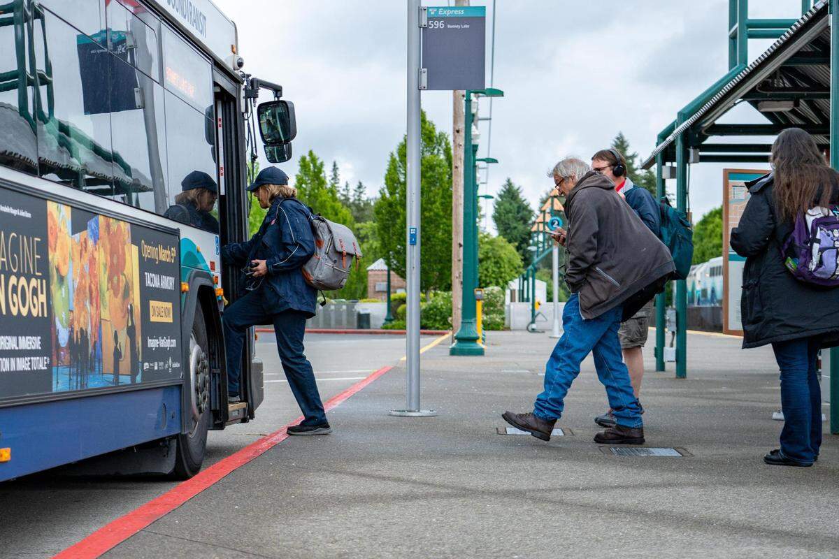 Commuters wait at Sumner Station to get onto a bus to Bonney Lake on Friday, June 3, 2022. Sumner is looking to increase public transportation opportunities and to conduct a study to figure out how to do this.