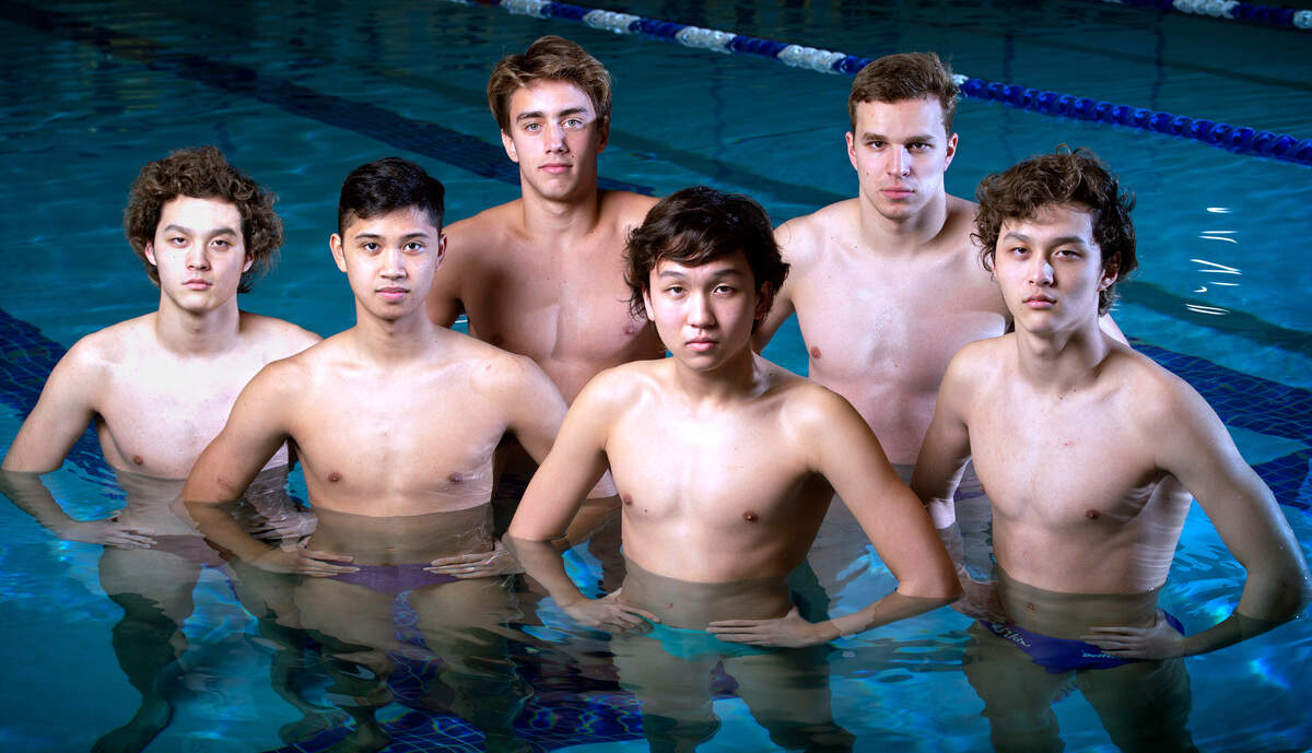 Curtis swimmers (from left) Eric Kwon, David Idio, Patrick Keough, Adam Kwon, Tolu Young and Logan Kwon will be leading the Vikings as they shoot for a team championship in this weekend’s state swim meet in Federal Way. They are photographed before swim practice at the Curtis High School pool in University Place, Washington, on Wednesday, Feb. 16, 2022.
