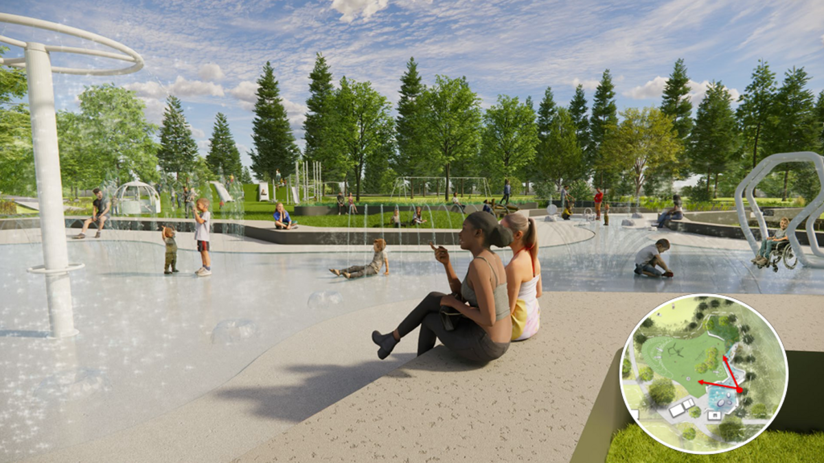 Improvements at Eastside Tacoma’s Portland Avenue Park are set to include a new playground, restroom and sprayground like the rendering pictured above.