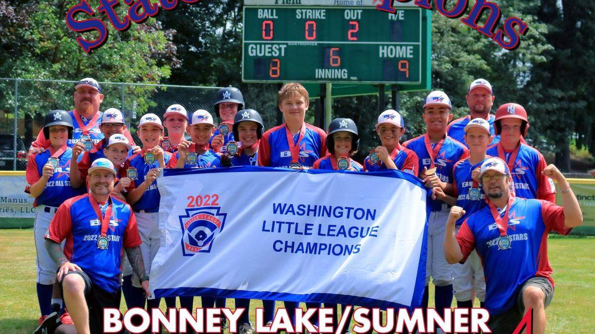 The Bonney Lake-Sumner Little League players and coaches pose after winning the Washington State championship. On Thursday, the squad became the first Pierce County team to ever win the Northwest tournament and advance to the Little League World Series.