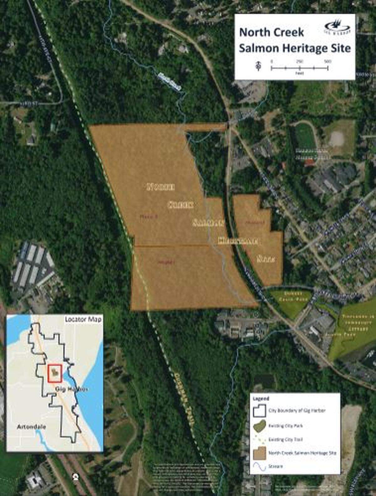 This map shows the different phases of the North Creek Salmon Heritage Site.
