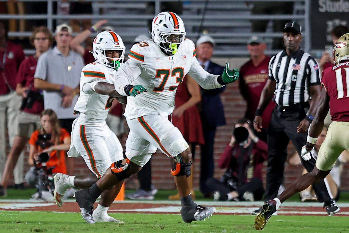 TALLAHASSEE, FLORIDA - OCTOBER 4: Anez Cooper #73 of the Miami Hurricanes looks for a defender to block in the first half of the game against the Florida State Seminoles at Doak S. Campbell Stadium on October 4, 2025 in Tallahassee, Florida. (Photo by Jason Clark/Getty Images)