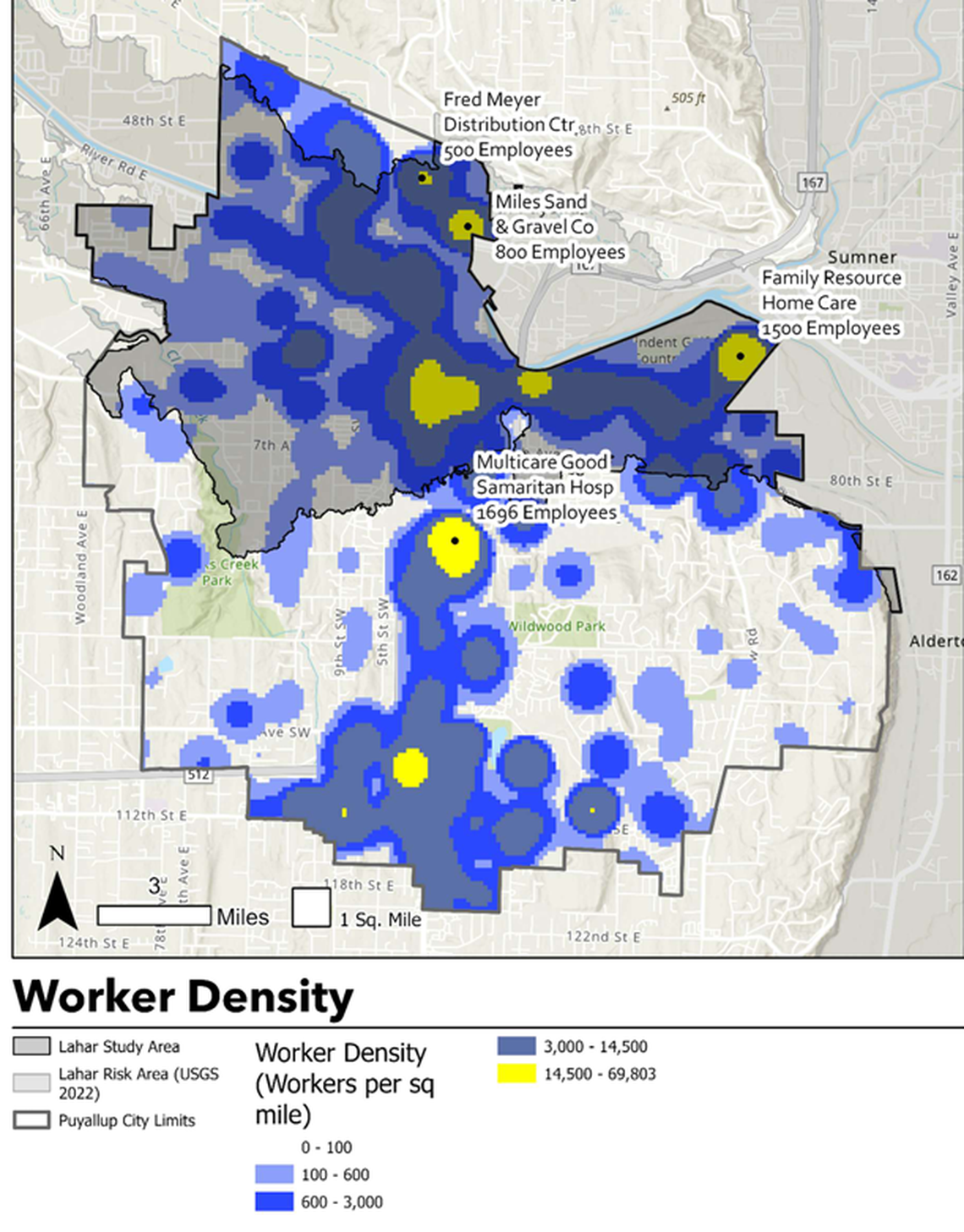 A map from the report details the workforce inside the lahar zone. Some of the biggest employers in Puyallup — including Good Samaritan Hospital, Family Resource Home Care, Miles Sand & Gravel Co. and Fred Meyer Distribution Center — are located within the danger area.
